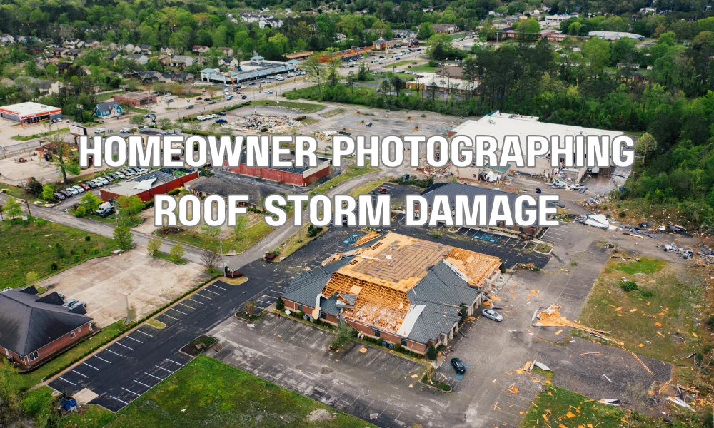 Homeowner photographing roof damage after a hurricane for an insurance claim