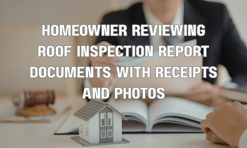 Homeowner reviewing roof inspection reports, repair receipts, and documentation before selling a house