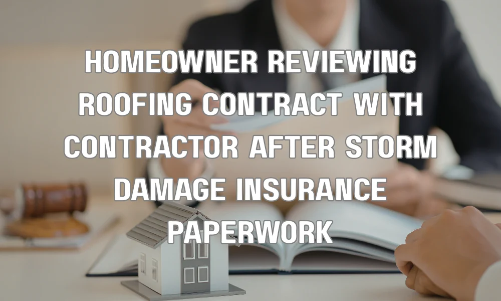 Homeowner reviewing roofing contract and insurance documents with contractor after storm damage in Florida
