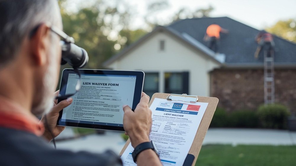 A vigilant homeowner, holding a tablet displaying a lien waiver form, uses binoculars on their driveway to observe a roofing crew on their roof, while referencing a contractor's State CCC license card on their clipboard.