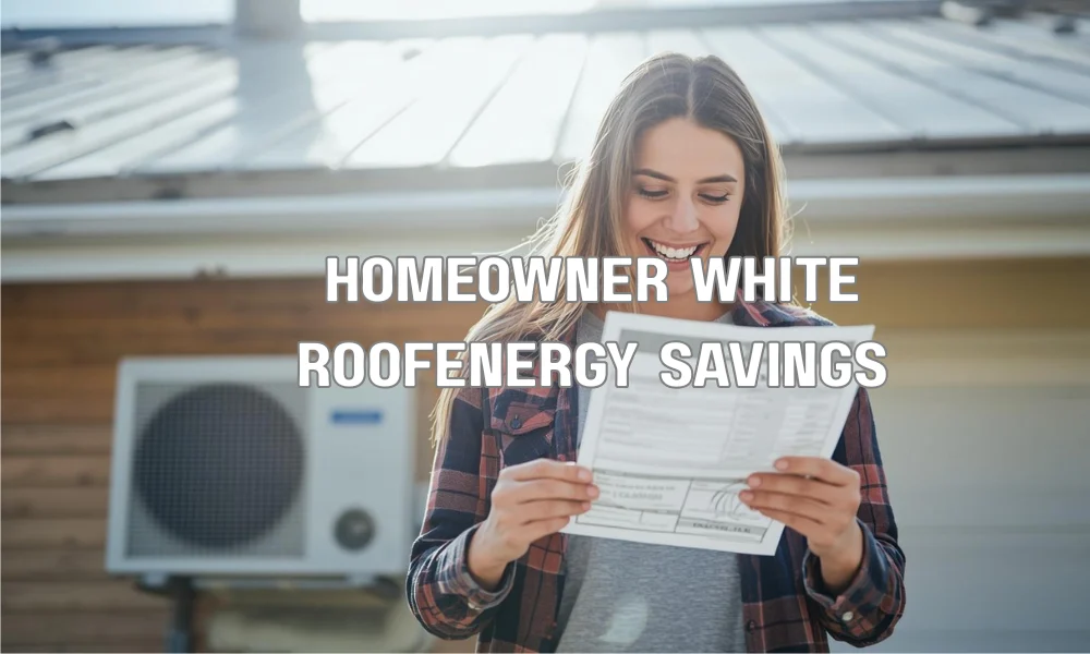 A happy homeowner reviewing a low electricity bill, with a bright white reflective roof and AC unit visible in the background, symbolizing financial savings.