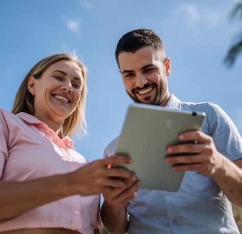 A Florida homeowner and a professional roofing advisor smile while looking at a tablet showing a approved roof financing plan, set under a blue sky with palm trees.