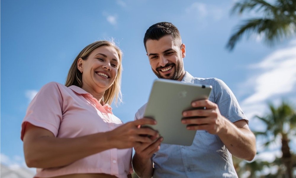 A Florida homeowner and a professional roofing advisor smile while looking at a tablet showing a approved roof financing plan, set under a blue sky with palm trees.