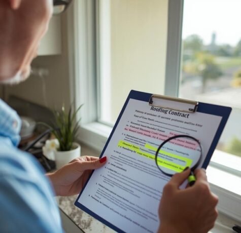 A methodical homeowner in a sunlit Florida kitchen uses a highlighter and magnifier to review a multi-page roofing contract, focusing on the specific highlighted sections detailing key clauses like "Scope of Work" and "Payment Schedule." Outside the window, a clean, finished roof is visible under palm trees.