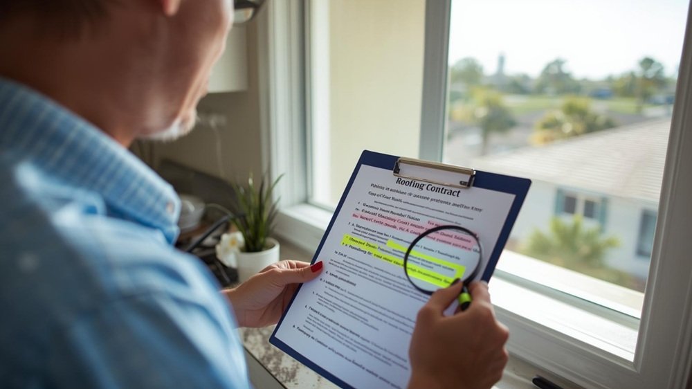 A methodical homeowner in a sunlit Florida kitchen uses a highlighter and magnifier to review a multi-page roofing contract, focusing on the specific highlighted sections detailing key clauses like "Scope of Work" and "Payment Schedule." Outside the window, a clean, finished roof is visible under palm trees.