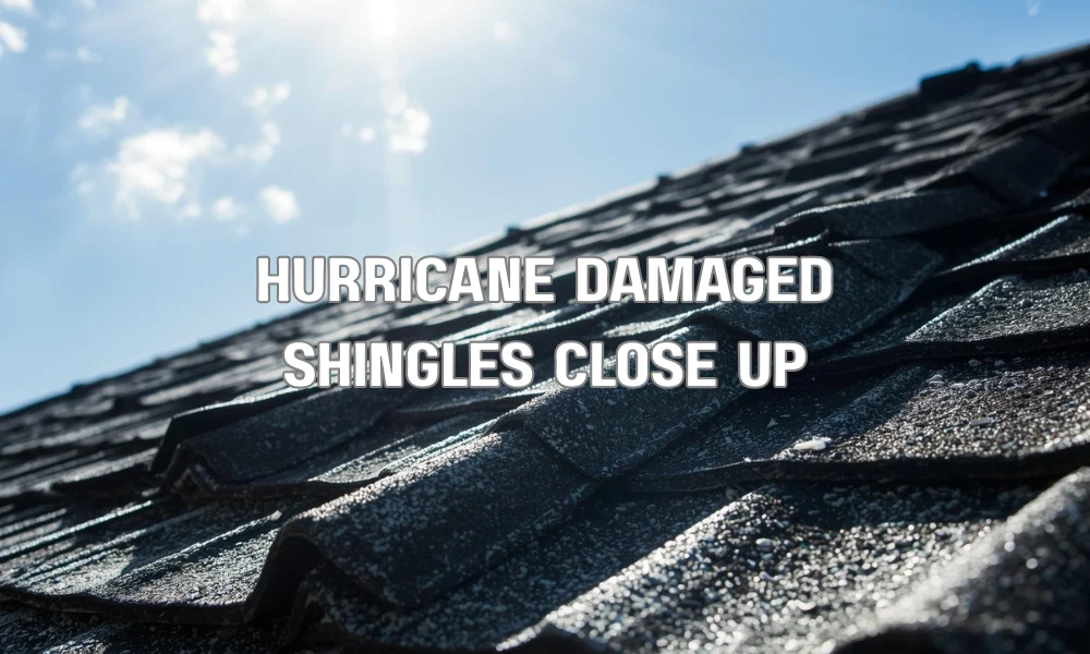 Close-up of asphalt roof shingles lifted and creased by high hurricane winds, showing structural vulnerability.
