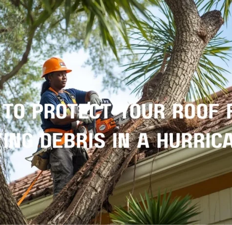 A professional tree service worker using a chainsaw to trim large, overhanging branches near a Fort Lauderdale home with a barrel tile roof, preventing future storm damage.