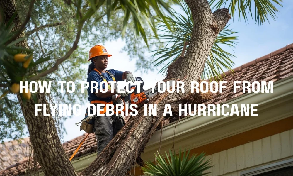 A professional tree service worker using a chainsaw to trim large, overhanging branches near a Fort Lauderdale home with a barrel tile roof, preventing future storm damage.