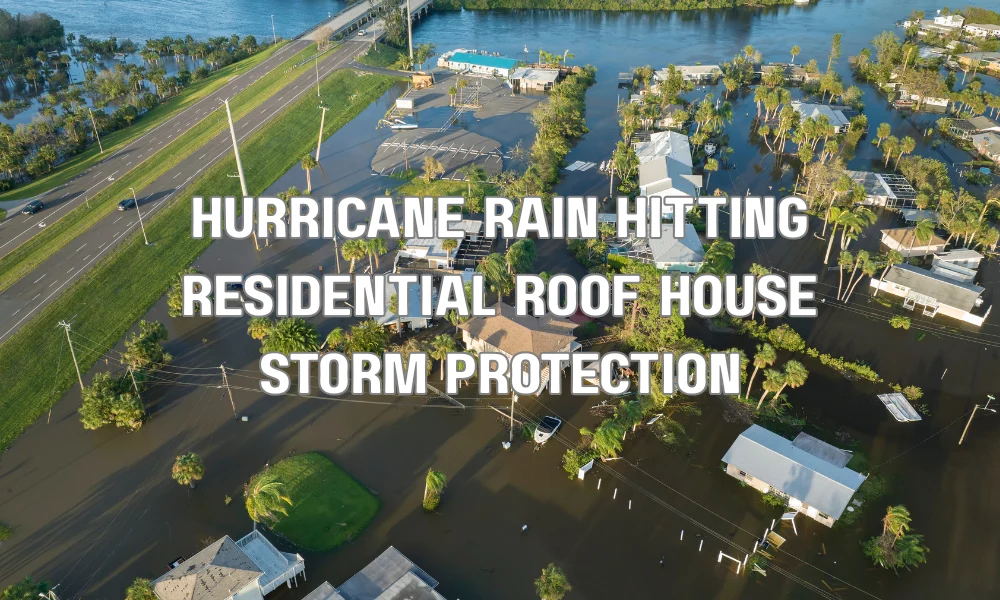 Residential roof protecting a home during heavy hurricane rain, illustrating the importance of a secondary water barrier in Florida.