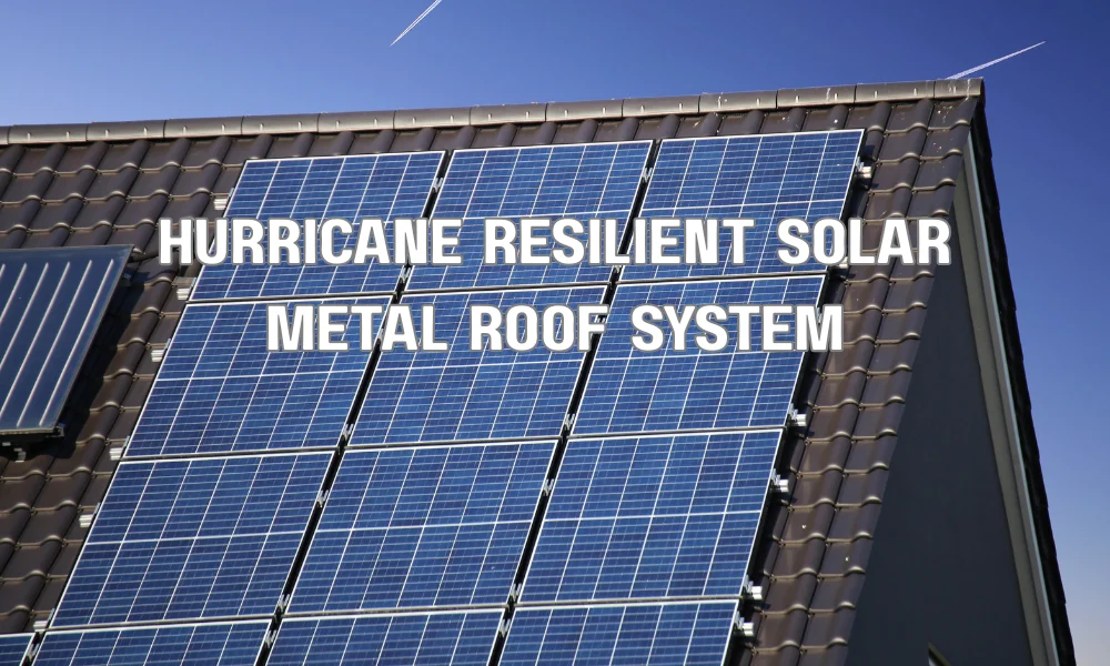 A modern, hurricane-resilient standing seam metal roof in a coastal setting, featuring low-profile solar panels and reinforced racking designed to withstand extreme high winds.