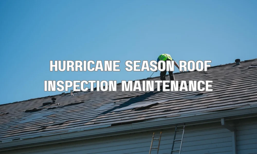 A professional roofer performing an inspection on a South Florida residential roof with a pre-hurricane checklist, looking over a tropical coastal landscape