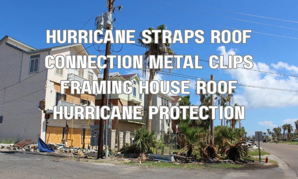 Metal hurricane straps securing roof structure to walls for wind and storm protection