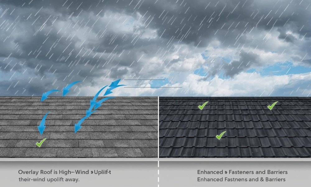 A illustrative diagram showing how an overlay roof (bottom left) is more susceptible to high-wind uplift, with blue arrows pulling the shingles away, contrasting with a newly replaced roof (bottom right) with enhanced fasteners and barriers (indicated by green checkmarks), under a turbulent sky.