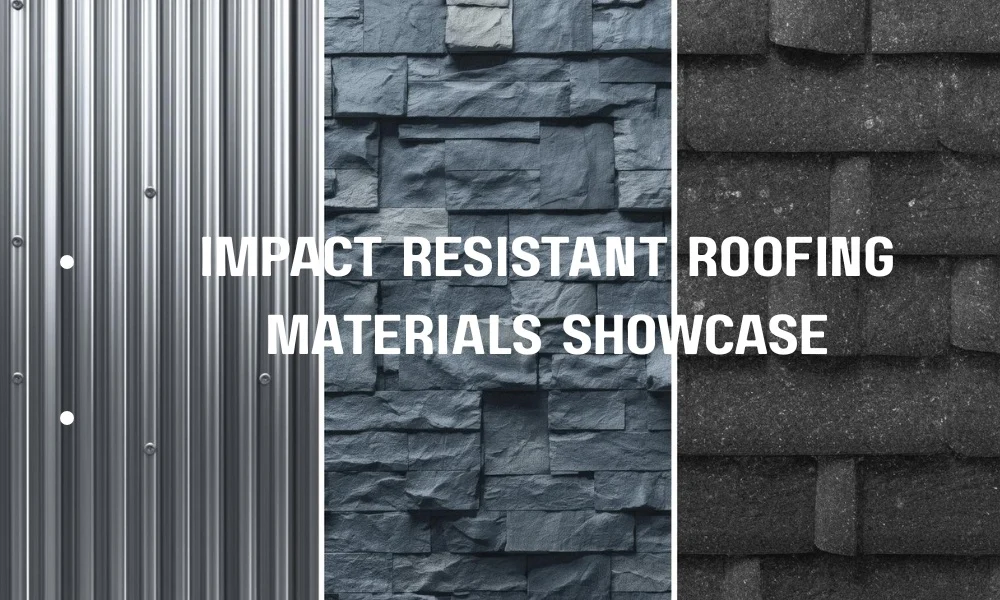 Close-up photographic comparison of three impact-resistant roofing materials side-by-side: a clean steel standing seam metal panel, a textured durable composite slate shingle, and a section of rugged modified bitumen membrane.