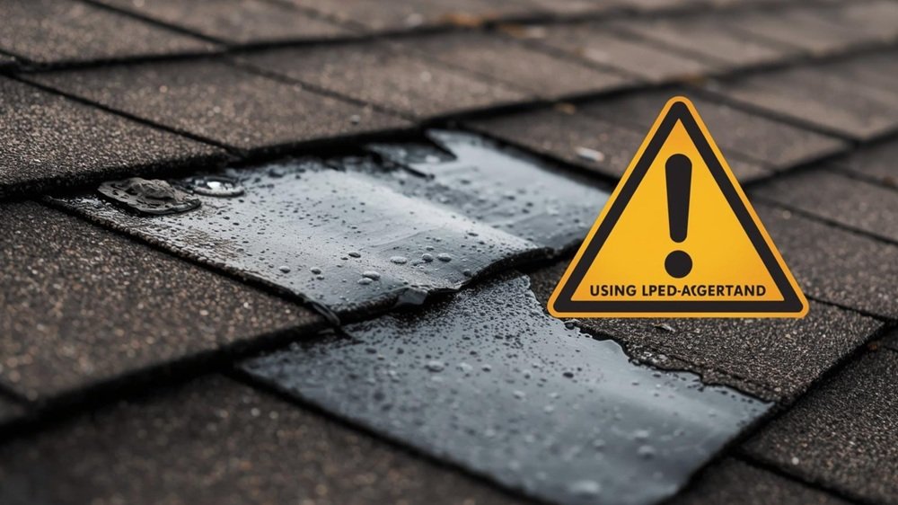 A blurred close-up of misaligned and poorly nailed shingles on a leaky roof, illustrating the risks of using non-certified contractors, with a warning sign overlay.