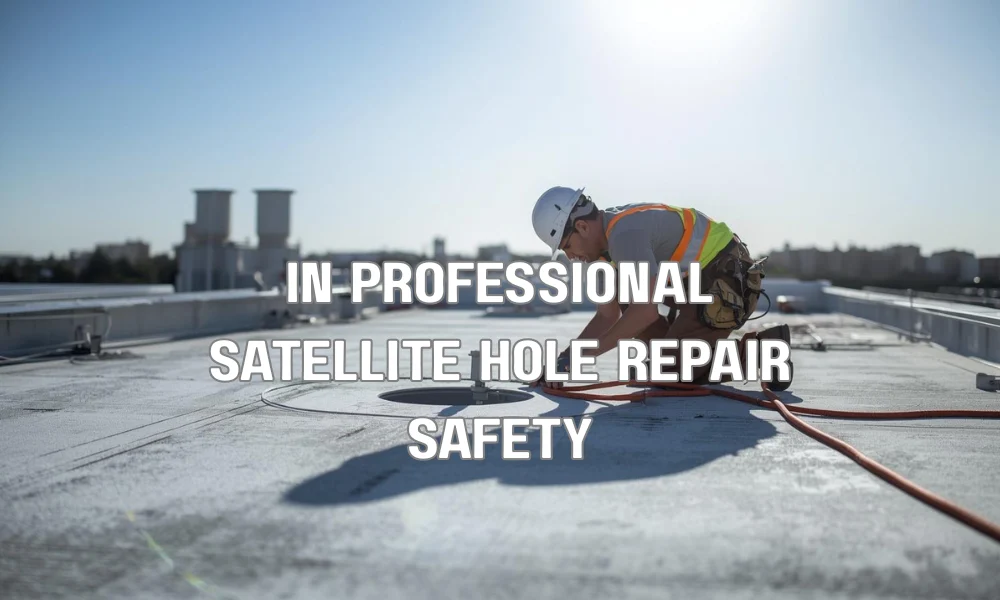 A professional New Yorker style illustration showing a licensed roofing contractor safely repairing satellite dish holes on a steep roof using specialized equipment and brand-consistent colors.