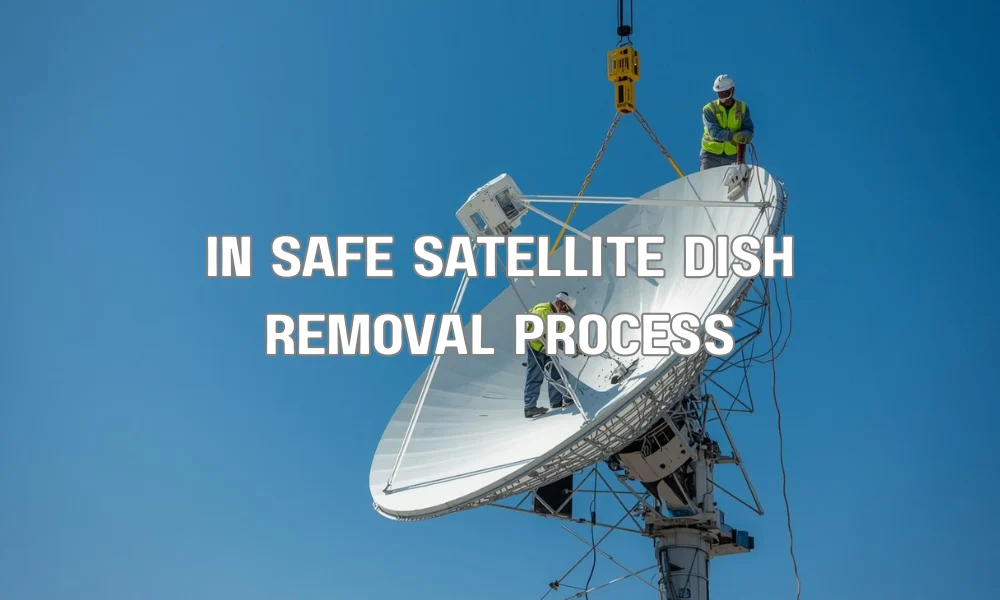 A technical illustration showing the step-by-step removal of a satellite dish, focusing on cable disconnection, hardware dismantling, and the use of safety equipment on a roof.