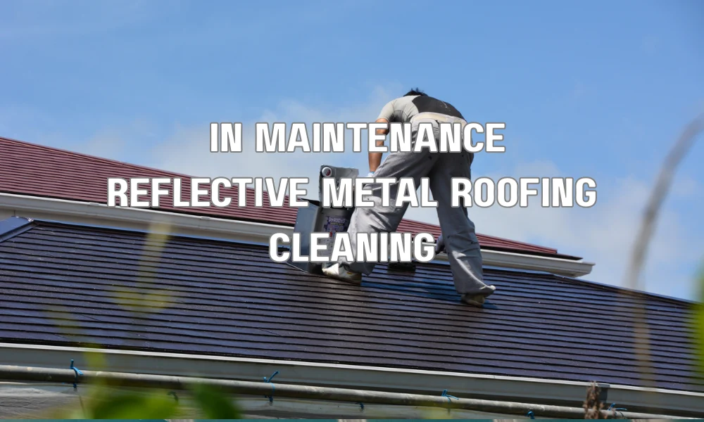 A professional contractor performing a soft wash cleaning on a light grey standing seam metal roof to maintain solar reflectance and energy efficiency.