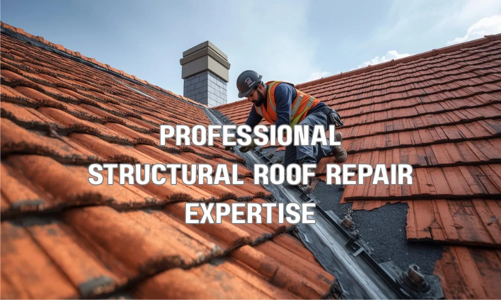 A professional New Yorker style illustration of a skilled roofing team repairing a compromised roof section, highlighting safety harnesses, structural framing, and specialized materials.