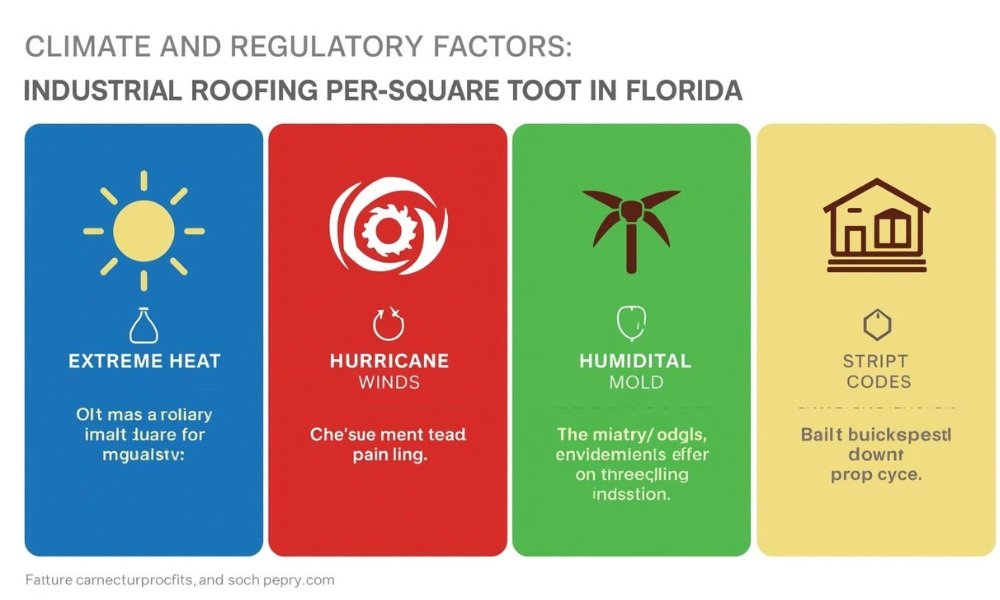 An infographic illustrating four key climate and regulatory factors that influence the cost of industrial roofing per square foot in Florida: extreme heat, hurricane winds, humidity/mold, and strict building codes.