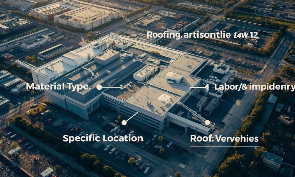 A detailed visual graphic illustrating the four primary factors influencing industrial roofing costs per square foot in Florida: Material Type, Labor & Complexity, Specific Location (HVHZ), and Roof Condition.
