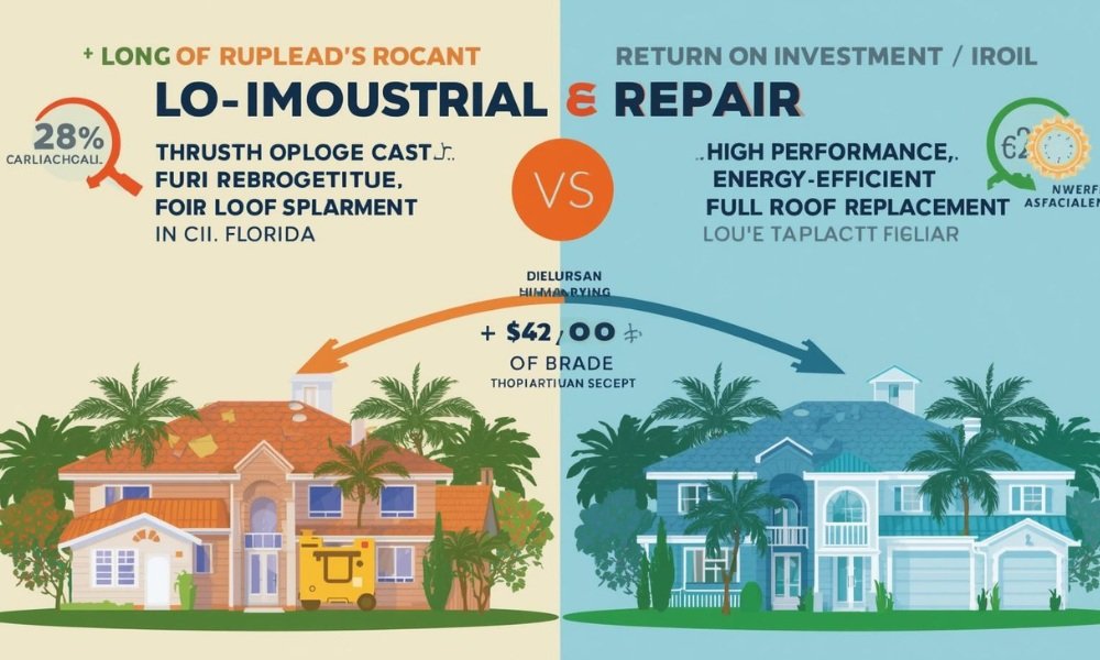 A comparison visual graphic illustrating the long-term Return on Investment (ROI) difference between a low upfront cost industrial roof repair and a high-performance, energy-efficient full roof replacement in a Florida setting.