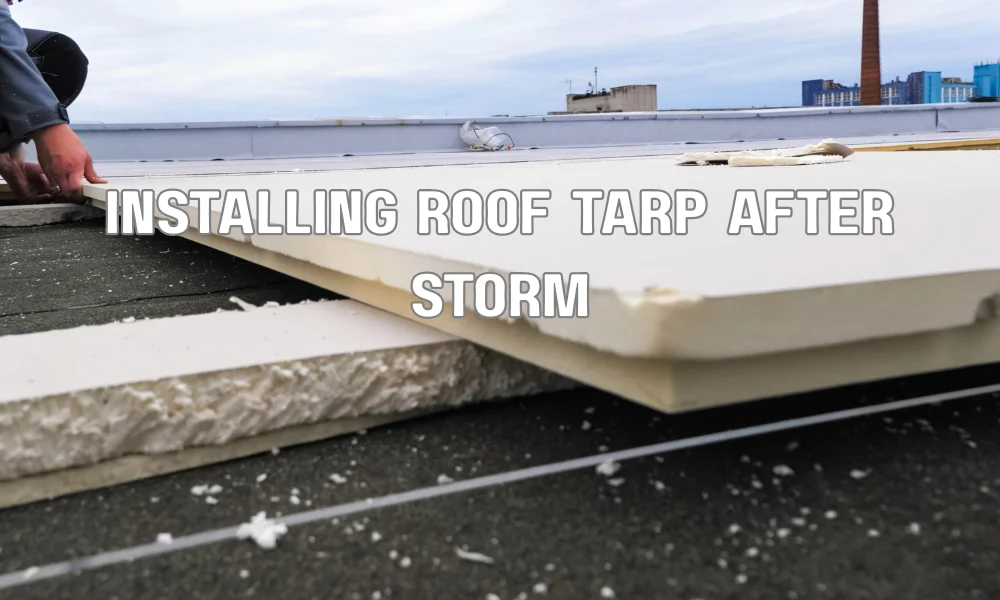 Homeowner installing a temporary tarp on a damaged roof to prevent further storm damage
