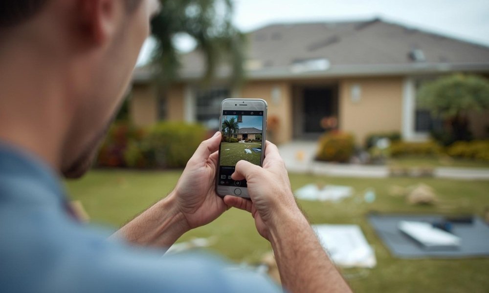 A homeowner, using a smartphone, meticulously documents extensive storm damage to their Florida property, taking photos and notes to support their insurance claim.
