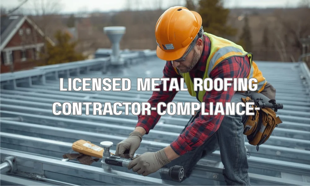 A stylized illustration of a certified metal roofing contractor presenting a customer with compliance documentation in a sunny, coastal South Florida environment.