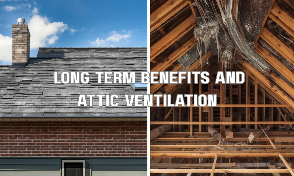 A comparison illustration showing a house with poor ventilation versus a house with proper ventilation. The poorly ventilated side shows cracked shingles and mold in the attic, while the properly ventilated side shows a healthy roof structure and a cool, dry attic.