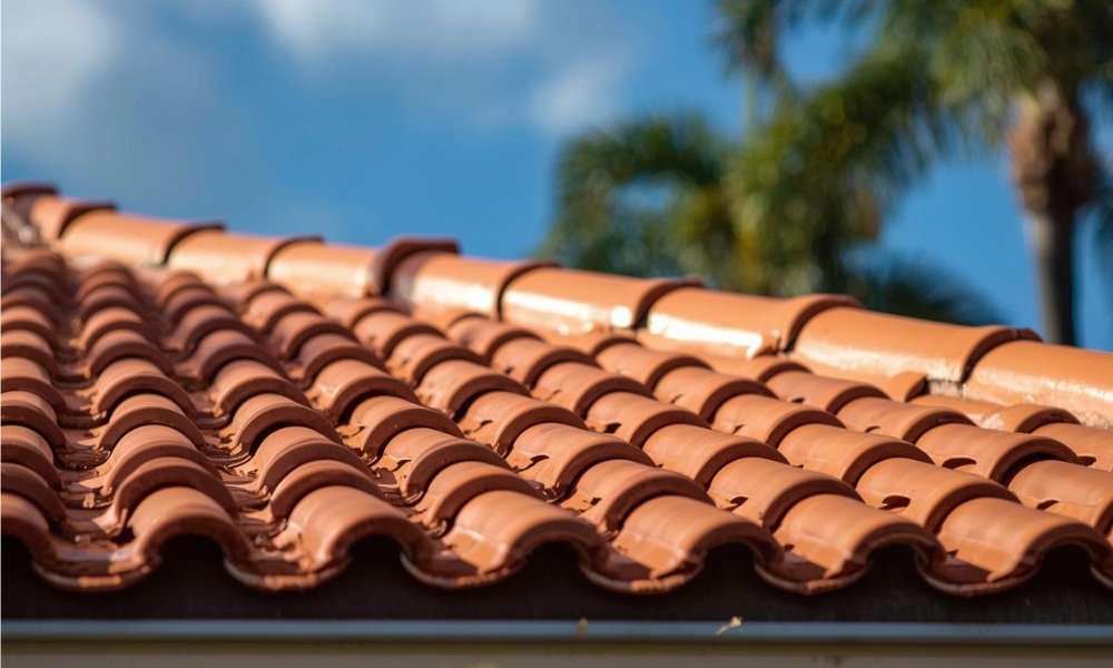 A close-up, sun-drenched photograph of a pristine terracotta barrel tile roof on a Mediterranean-style Florida home, highlighting the deep shadows, curved design, and exceptional durability against a bright blue sky with palm trees.