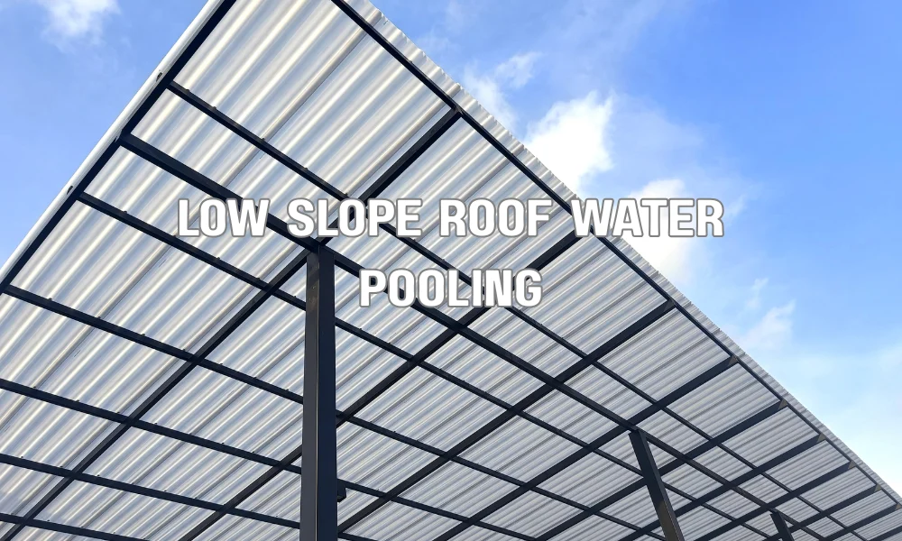 Ponding water on a low-slope roof showing problems caused by inadequate roof pitch and poor drainage