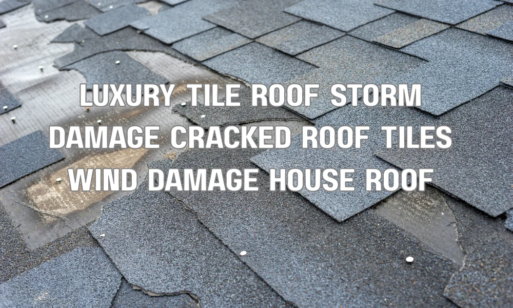 Cracked and displaced tile roofing on a luxury home caused by storm winds and weather exposure