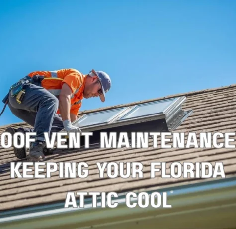 A diagram of a Florida home featuring a tile roof and proper ventilation. Bright sun icons represent high heat, while blue arrows demonstrate air entering soffits and exiting through a solar-powered attic fan and ridge vents to keep the interior cool.