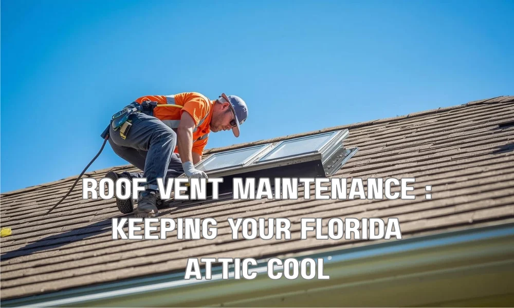 A diagram of a Florida home featuring a tile roof and proper ventilation. Bright sun icons represent high heat, while blue arrows demonstrate air entering soffits and exiting through a solar-powered attic fan and ridge vents to keep the interior cool.