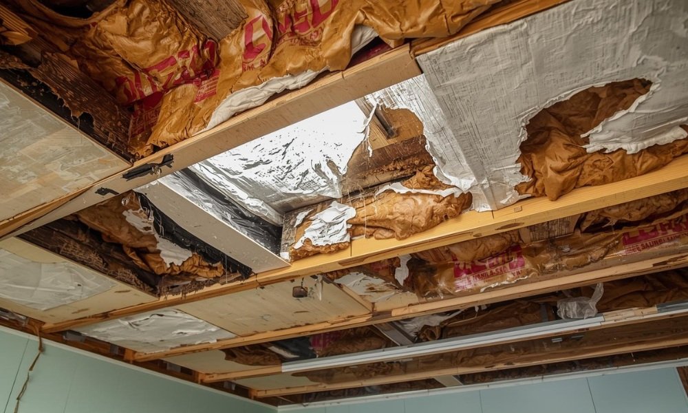 A detailed internal view of a Florida home undergoing extensive roof leak repairs. The ceiling drywall is removed to expose severely water-damaged structural beams and insulation, contrasting against a partially repaired section under bright light.