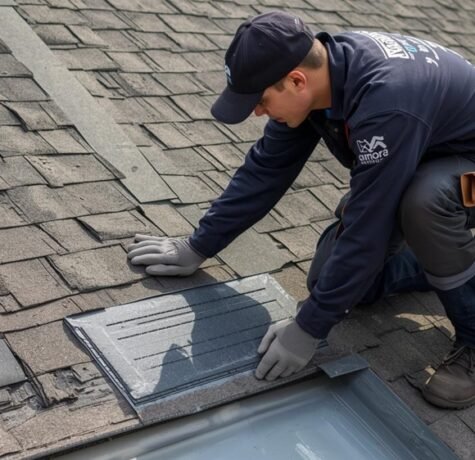 A professional roofer in a branded uniform is precisely installing architectural shingles on a clean roof section, adhering strictly to official training guidelines and manufacturer specifications.