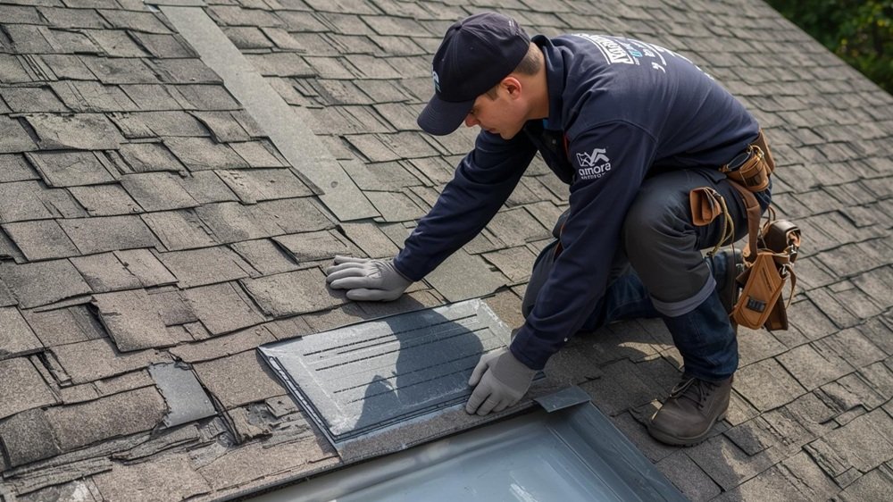 A professional roofer in a branded uniform is precisely installing architectural shingles on a clean roof section, adhering strictly to official training guidelines and manufacturer specifications.