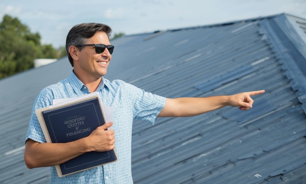 A Florida homeowner smiles while holding a folder labeled "ROOFING QUOTES & FINANCING" and pointing to a newly installed, energy-efficient metal roof on their coastal home.
