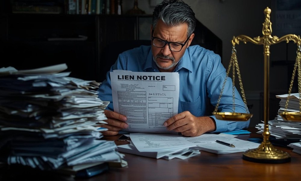 A stressed homeowner reviewing a legal lien notice next to a stack of construction bills and a scale of justice.