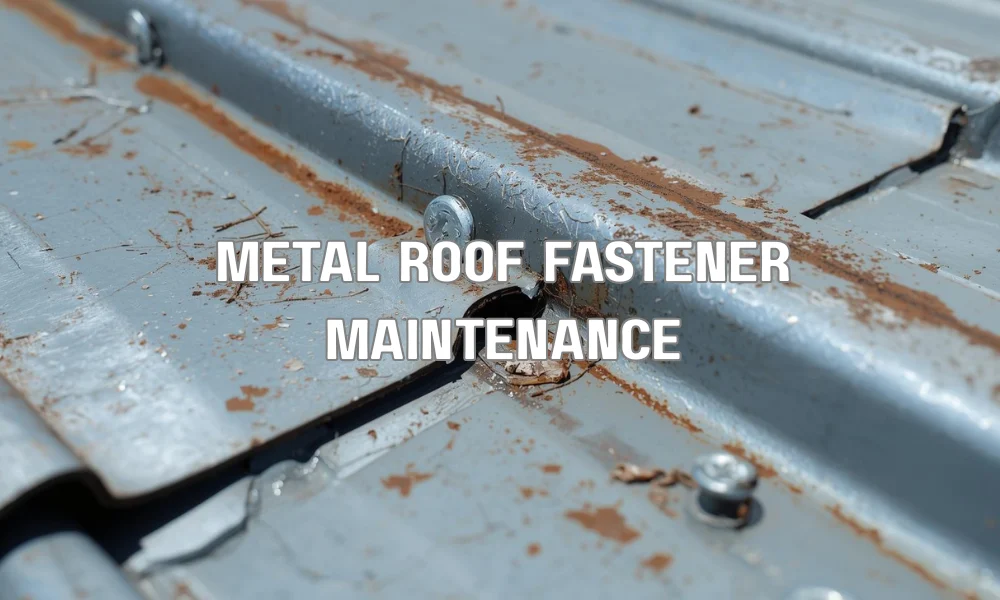 A detailed close-up illustration showing a hand tightening a self-sealing screw with a visible neoprene washer onto a metal roof panel seam, contrasted with a diagram of a failing, loose fastener.