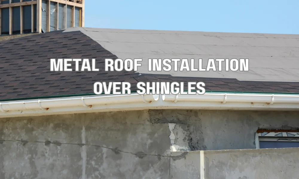Contractor installing 5V crimp metal roofing panels over existing asphalt shingle roof