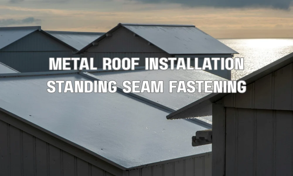 Contractor installing standing seam metal roofing panels with proper fasteners for hurricane-resistant installation.