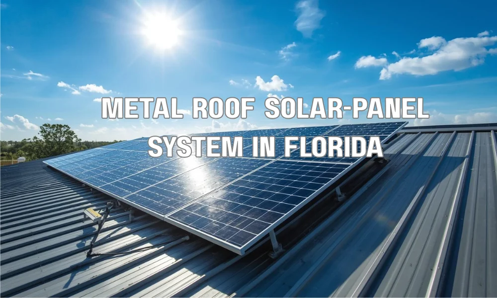 Close-up of a standing seam metal roof with a non-penetrating clamp system securing solar panels without drilling.