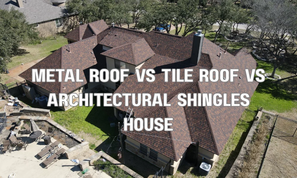 Metal roofing, clay tile roof, and architectural asphalt shingles used for hurricane-resistant homes in hot climates