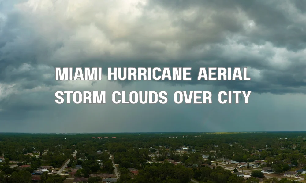 Aerial view of a powerful hurricane approaching Miami highlighting Florida's high-velocity hurricane zones with extreme wind risk.