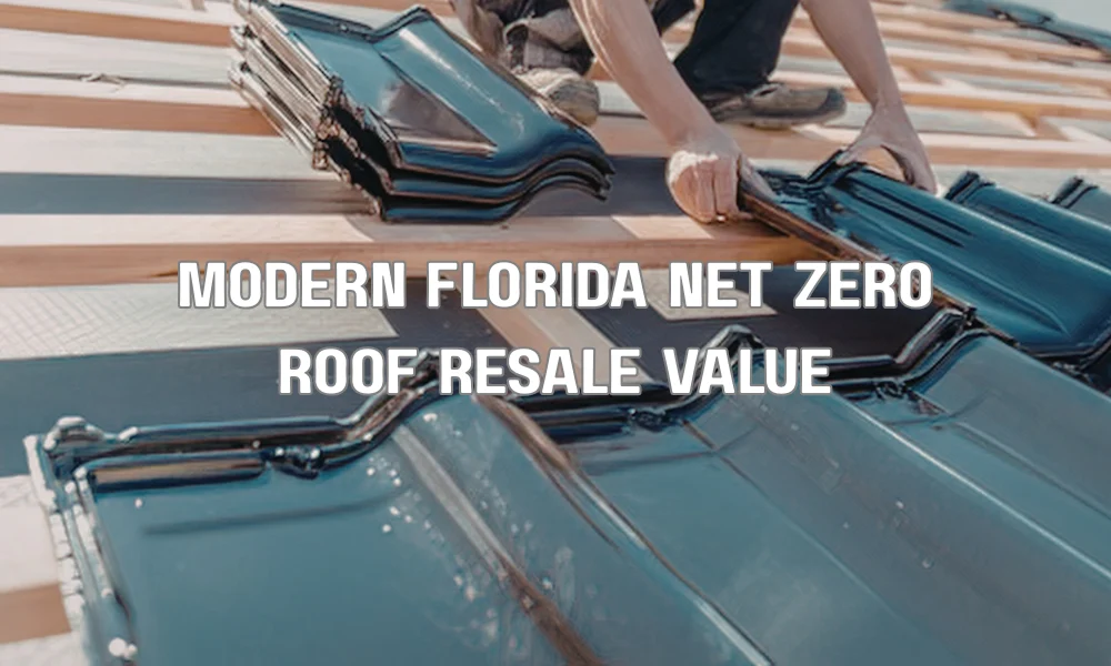 A bright photograph of a modern Florida home featuring a dark, sleek standing seam metal roof completely covered with integrated solar panels, with a "For Sale" sign in the yard showing a "SOLD" rider.