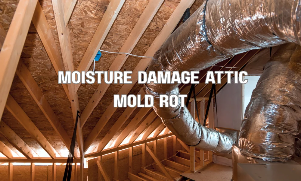 An image of a humid attic interior in Florida showing dark mold and mildew growth covering wooden roof rafters and the underside of the decking, illustrating moisture damage.