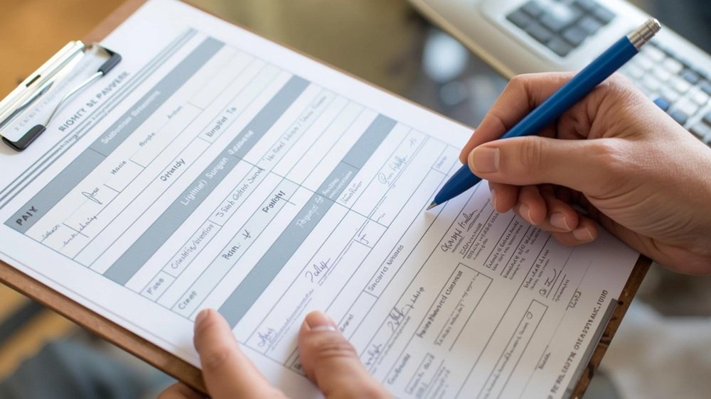 A homeowner carefully reviews signed lien waiver documents against a subcontractor payment schedule on a clipboard, ensuring all roofing crew members and material suppliers are paid before releasing final payment to the general contractor.