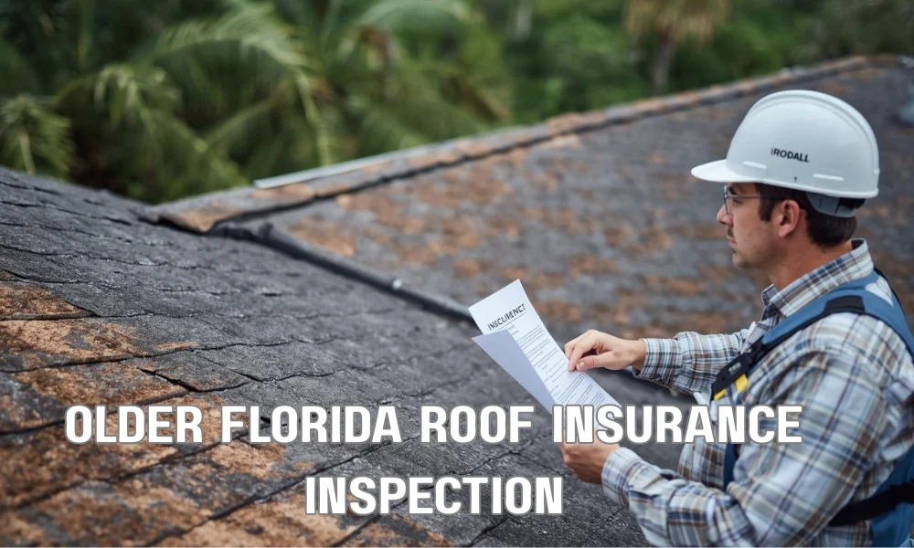 A concerned Florida homeowner with an aging asphalt shingle roof reviews an insurance document alongside a professional roof inspector who points out weathered shingles, against a background of palm trees.